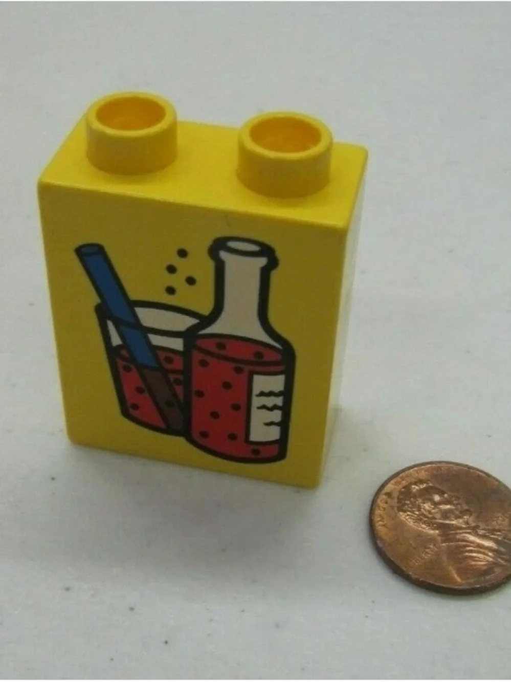 Lego Yellow Printed Brick with Red Drink and Blue Straw Graphic